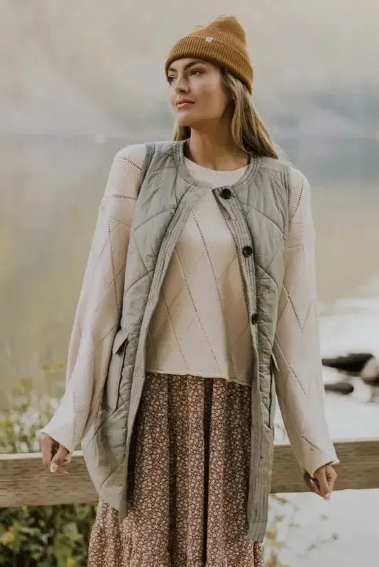 Grass Green Quilted Long Vest Jacket with Pockets - StepByStep
