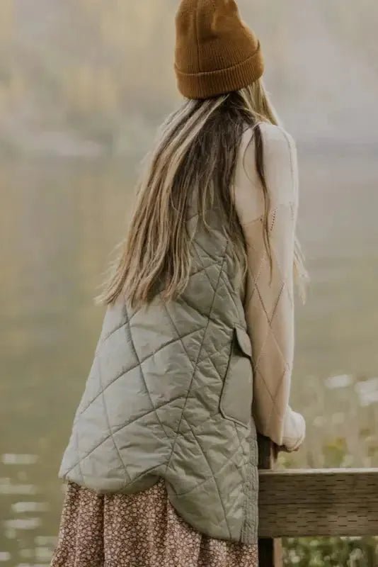 Grass Green Quilted Long Vest Jacket with Pockets - StepByStep
