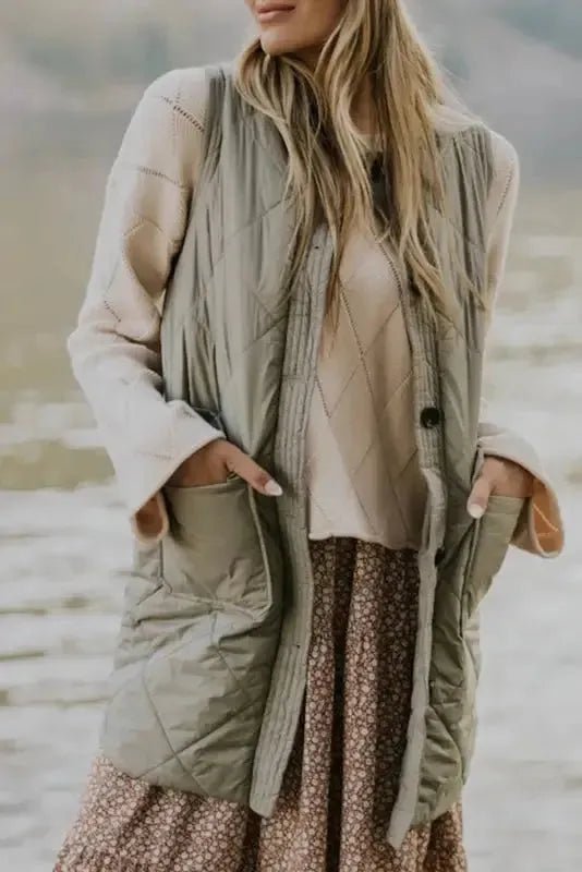 Grass Green Quilted Long Vest Jacket with Pockets - StepByStep