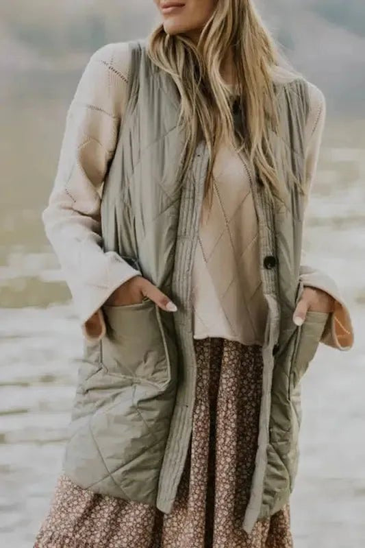 Grass Green Quilted Long Vest Jacket with Pockets - StepByStep