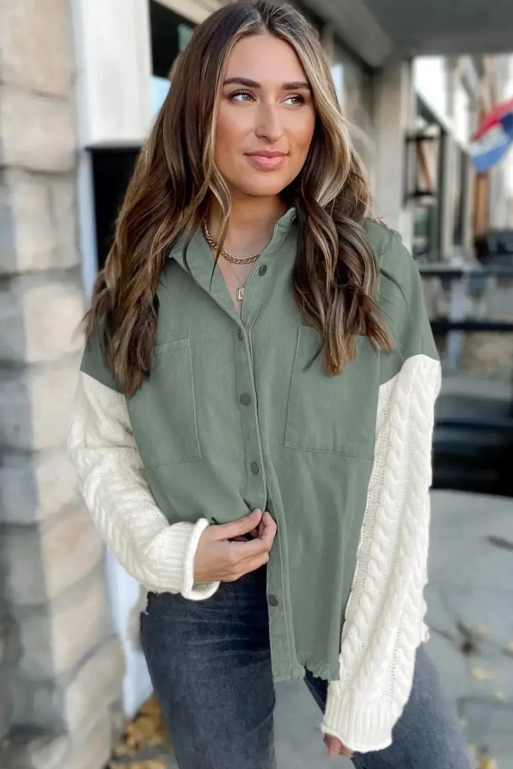 Green Cable Knit Sleeve Raw Hem Shacket - StepByStep