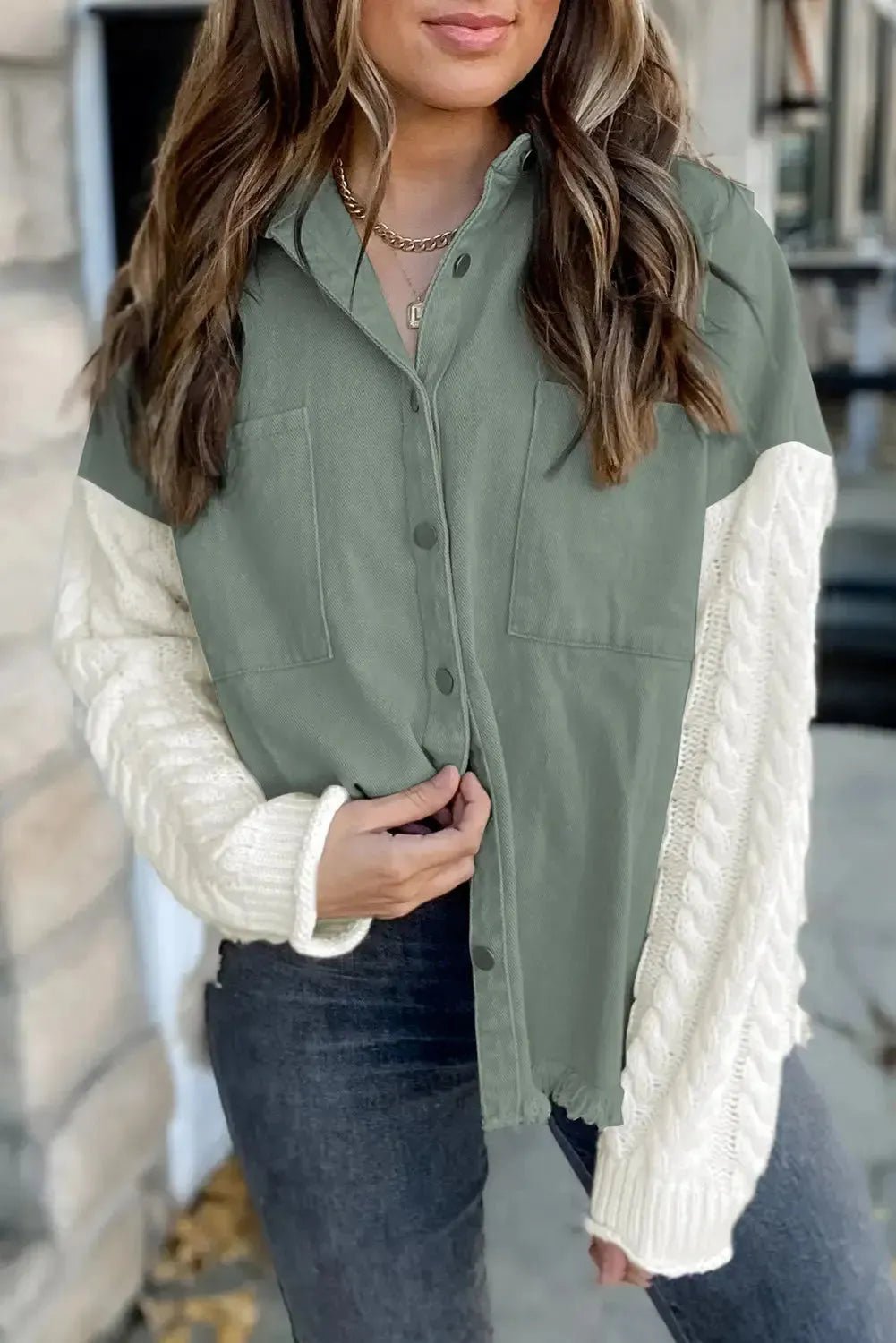 Green Cable Knit Sleeve Raw Hem Shacket - StepByStep