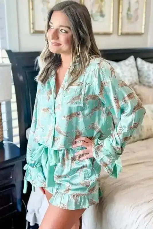 Green Leopard Satin Ruffle Pajama Short Set - StepByStep