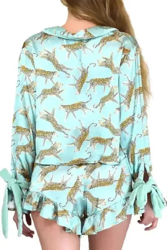 Green Leopard Satin Ruffle Pajama Short Set - StepByStep