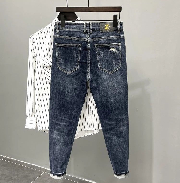Jeans strappati strappati con stampa per uomo Pantaloni con fori grafici rotti Pantaloni casual morbidi Kpop eleganti pantaloni da cowboy da uomo larghi gotici regolari - StepByStep