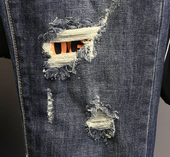 Jeans strappati strappati con stampa per uomo Pantaloni con fori grafici rotti Pantaloni casual morbidi Kpop eleganti pantaloni da cowboy da uomo larghi gotici regolari - StepByStep