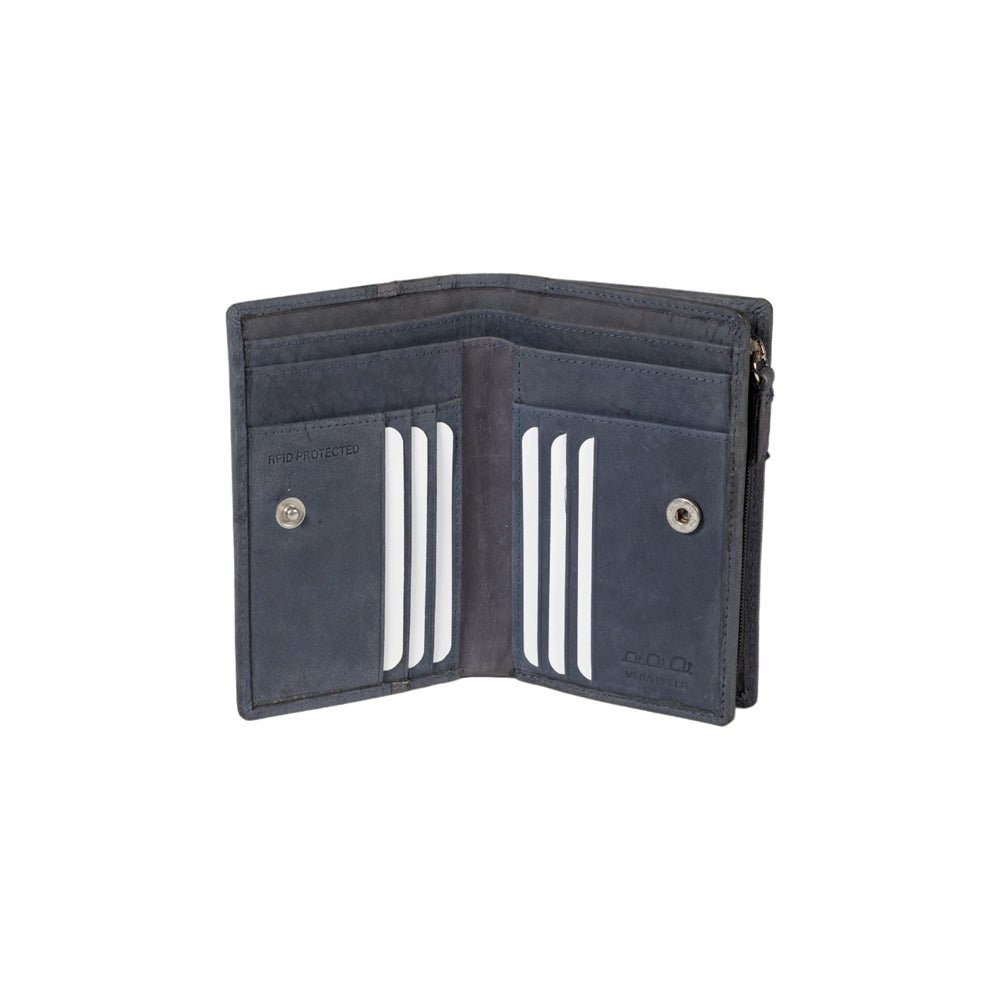 K12234DF | Portafogli Donna in Vera Pelle pieno fiore, Naked. Colore Blu. Protezione RFID. Dimensioni da chiuso: cm 9,5 x 14 x 3. Confezione: Scatola regalo fondo/coperchio - StepByStep