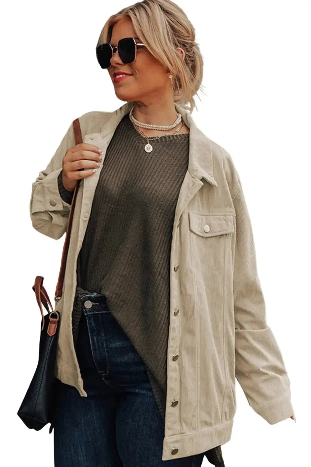 Khaki Plus Size Crochet Pattern Back Corduroy Jacket - StepByStep