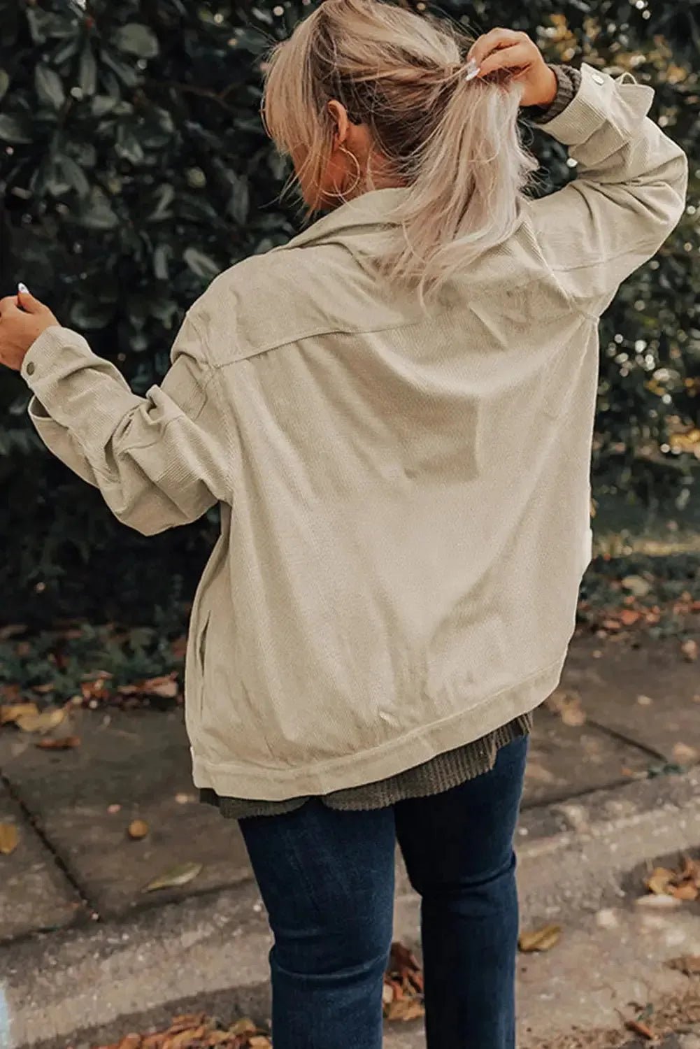 Khaki Plus Size Crochet Pattern Back Corduroy Jacket - StepByStep