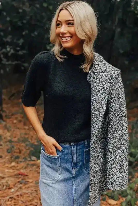 Knit Short Sleeve Sweater - Black Knotted Keyhole Nape - StepByStep