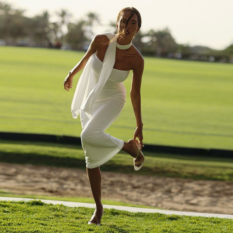 Long Skirt Dress With Asymmetric Style And Slim Fit Design For Women, White, Tribeca, BYMANYC New York. - StepByStep