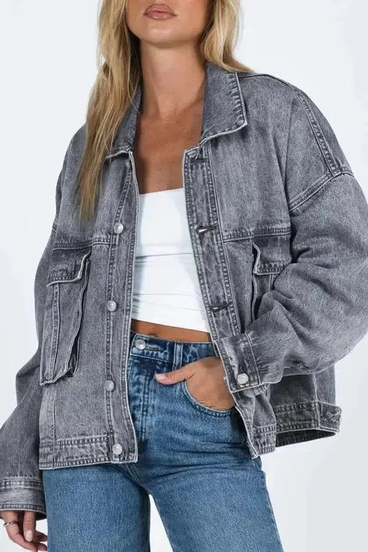 Loose Denim Jacket - Chest Pockets Drop Shoulder - StepByStep
