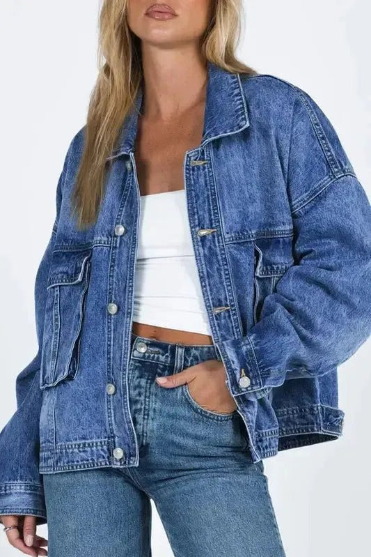 Loose Denim Jacket - Chest Pockets Drop Shoulder - StepByStep