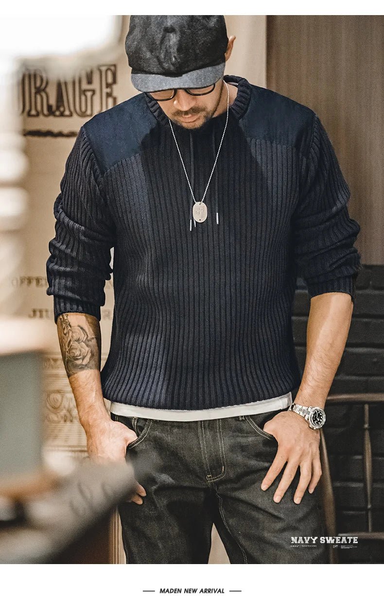 Maden Maglione a righe verticali O - Collo Slim Fit da uomo Pullover lavorato a maglia retrò Patch Cuciture Design Maglioni classici Abbigliamento uomo - StepByStepNow