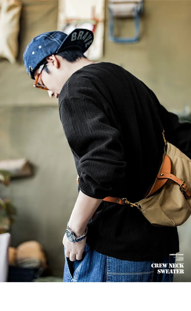 Maden Maglione girocollo nero da uomo Felpa con cappuccio lavorata a maglia ampia Autunno Casual Pullover con maniche a spalla cadente Colletto a coste elasticizzato - StepByStepNow