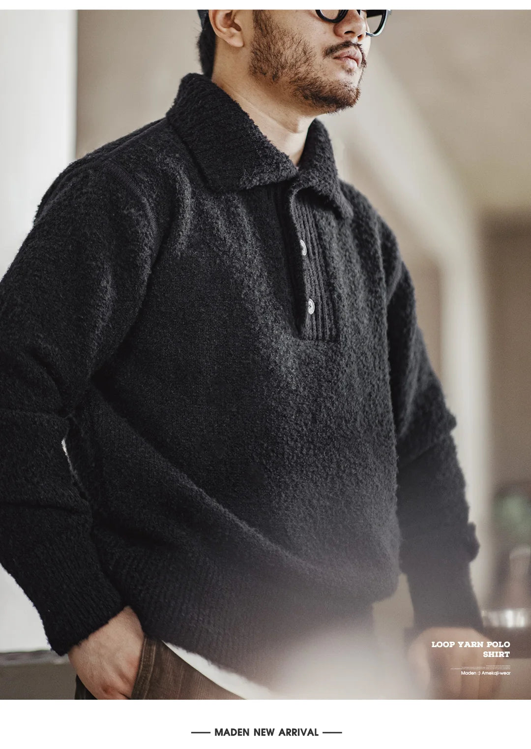 MADEN Maglione lavorato a maglia pesante da uomo 2024 Autunno Inverno Manica lunga Colletto rovesciato Polo in filato ad anello Maglieria pullover caldo - StepByStepNow