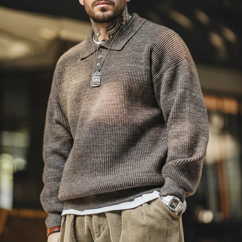 Maden Polo lavorata a maglia retrò maglione con risvolto color caffè allentato autunno inverno uomo zio Fu maglione maglieria casual - StepByStepNow