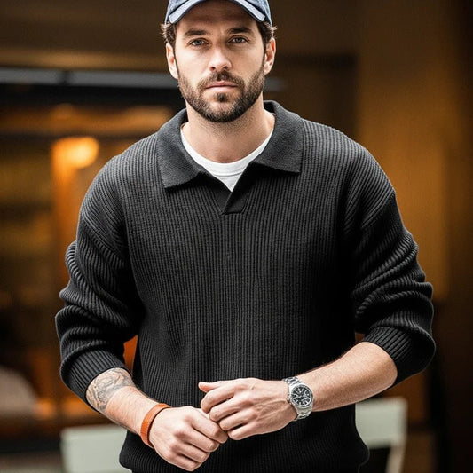 Maden Polo retrò con collo a polo in maglia verticale, pullover pigro, maglione da uomo, autunno e inverno, bavero morbido e caldo - StepByStepNow