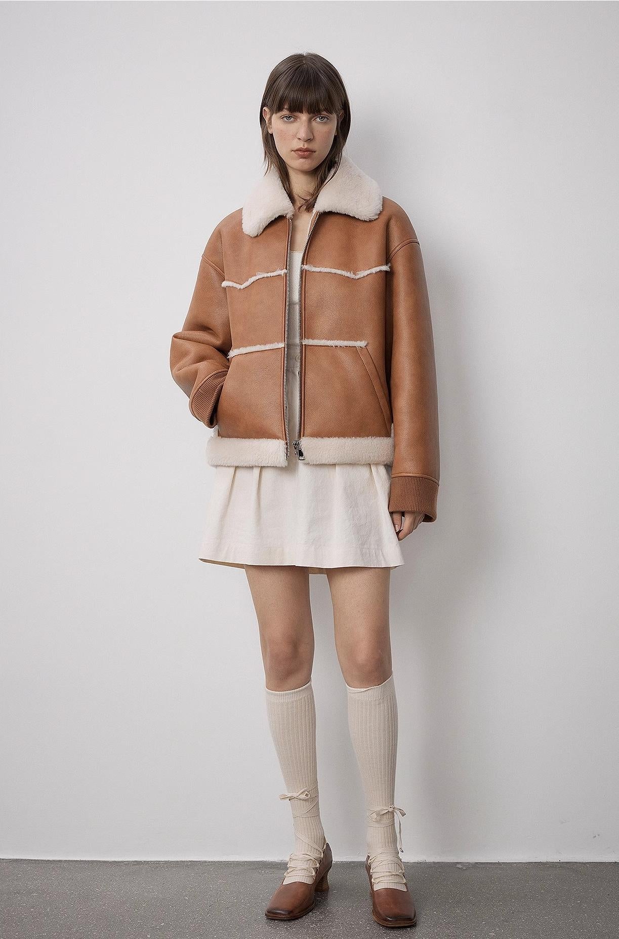 "Makino's Fun" Lapel Wool Artificial Compound Leather Short Style Shearling Jacket - StepByStep