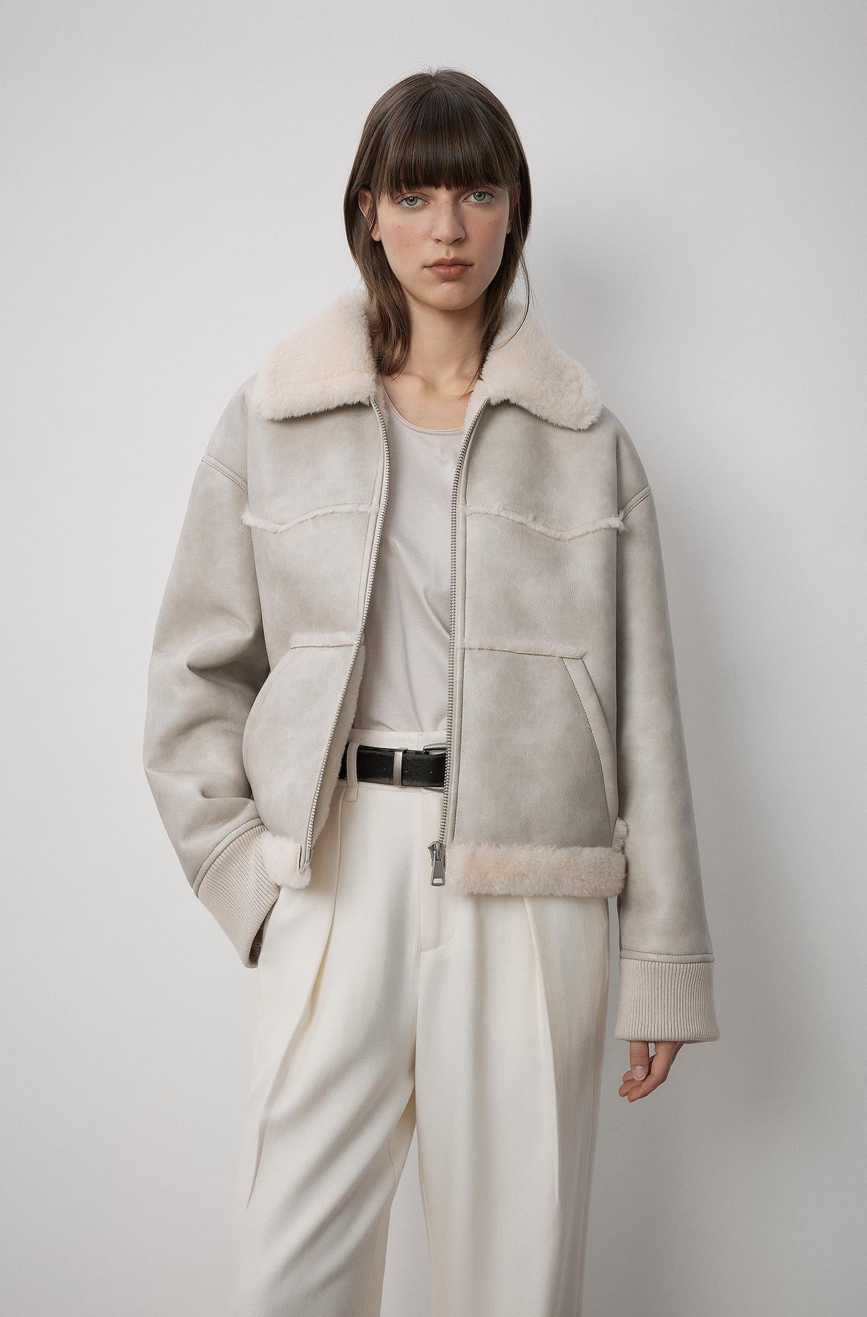 "Makino's Fun" Lapel Wool Artificial Compound Leather Short Style Shearling Jacket - StepByStep