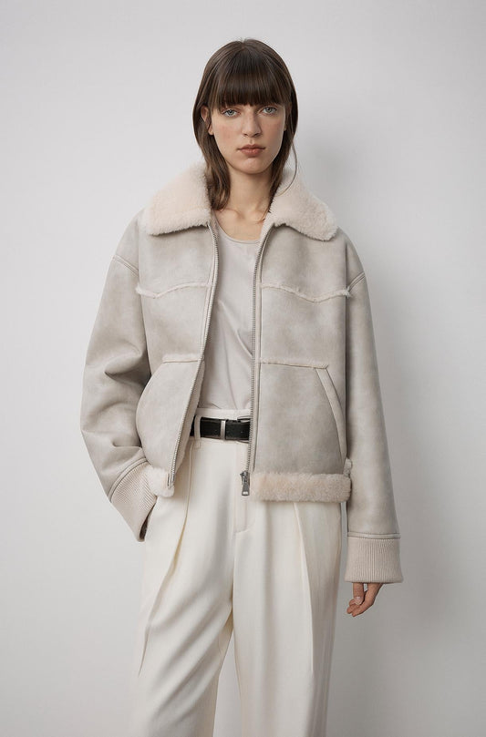 "Makino's Fun" Lapel Wool Artificial Compound Leather Short Style Shearling Jacket - StepByStep