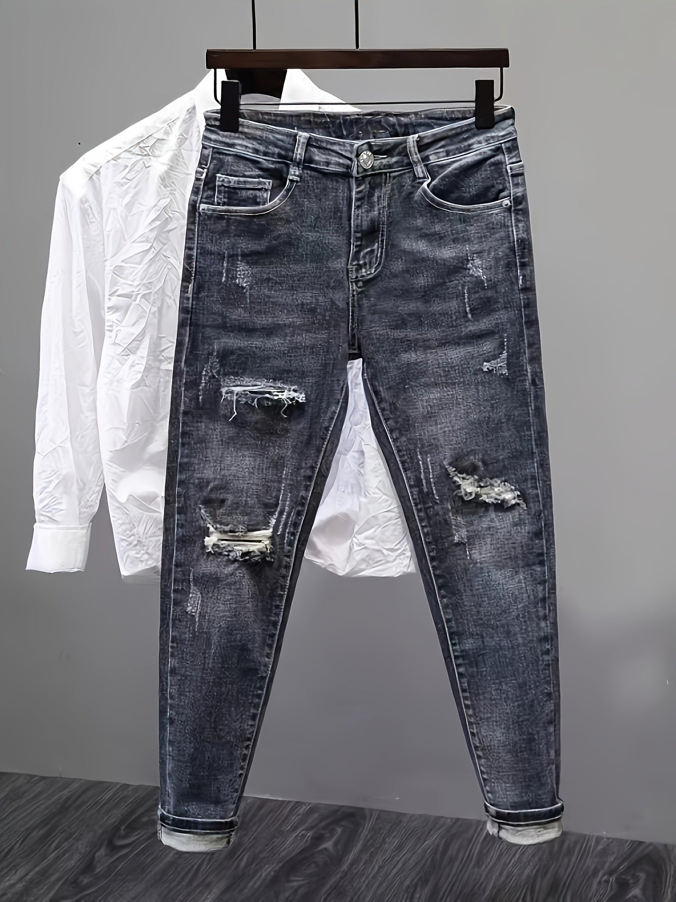 Men'S Heavyweight Washed Slim - Fit Ripped Jeans - Blue & Gray Distressed Denim, Mid - Stretch Streetwear Style, All - Season Comfort Fit for Casual & Formal Outfits, Versatile Clothing, Durable Fabric - StepByStep