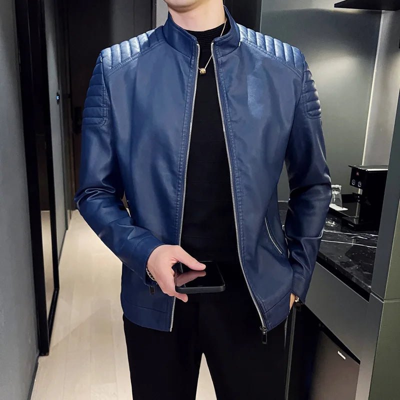 Motorcycle PU Leather Jacket Men Winter Leahter Jacket Male Stand Collar Casual Windbreaker trendy mens clothing black blue coat - StepByStep