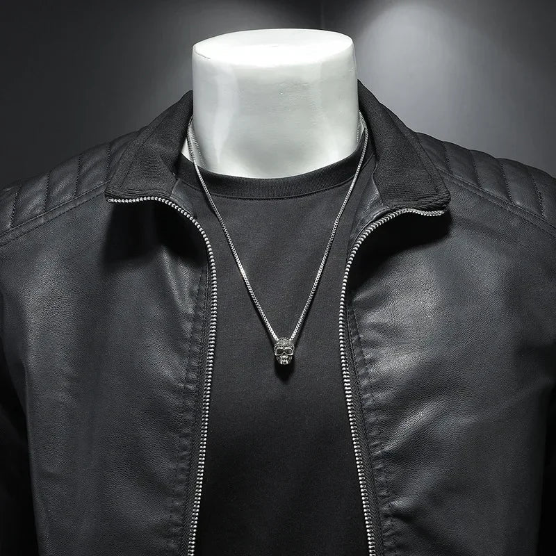 Motorcycle PU Leather Jacket Men Winter Leahter Jacket Male Stand Collar Casual Windbreaker trendy mens clothing black blue coat - StepByStep