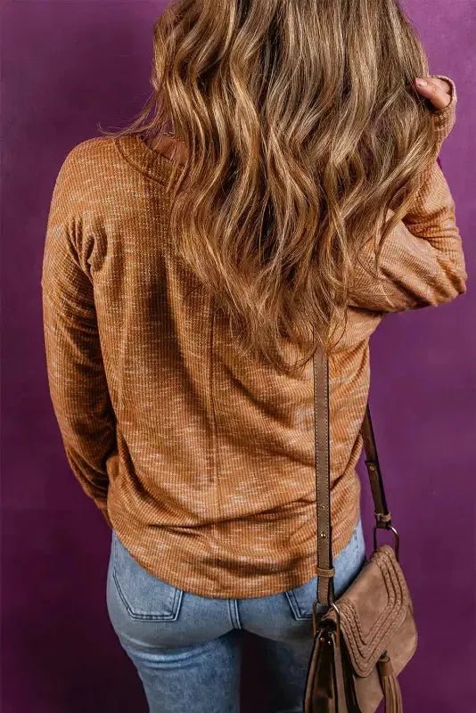 Mustard Rib Knit Drop Shoulder Long Sleeve Henley Top - StepByStep