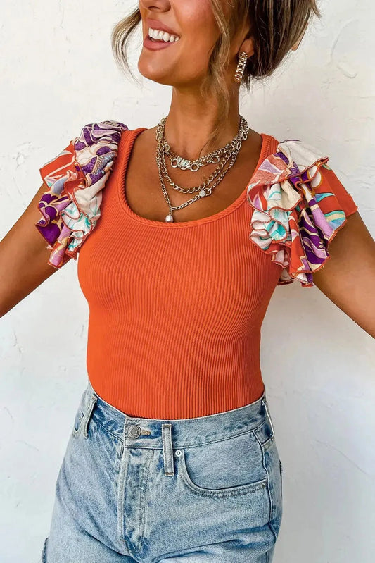 Orange Ribbed Knit Tiered Ruffled Sleeve Bodysuit - StepByStep