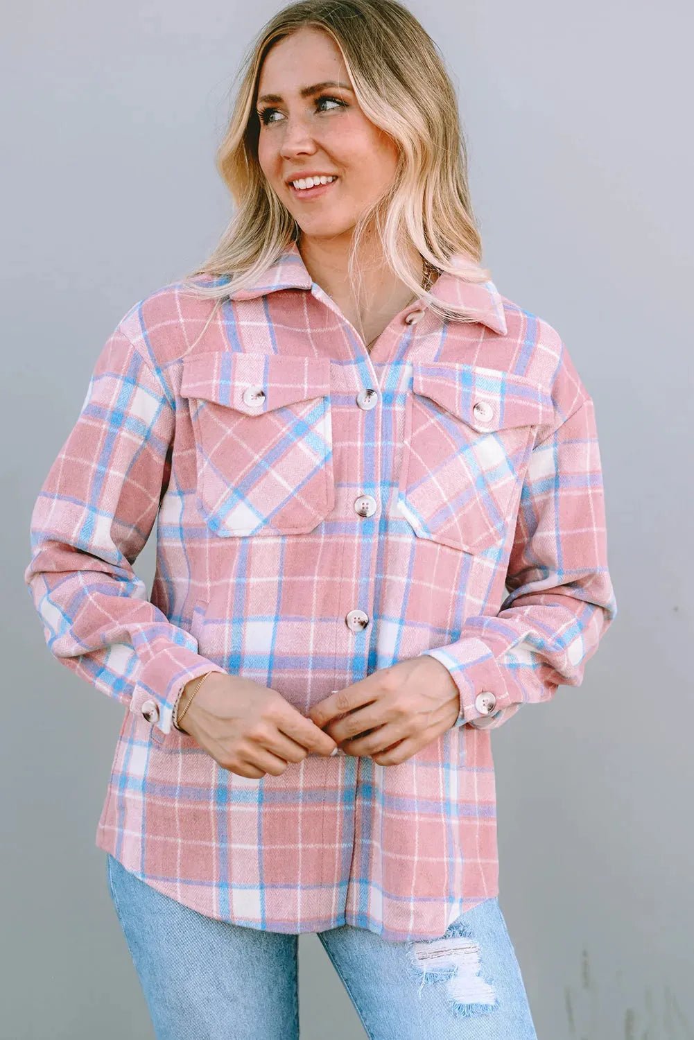 Pink Plaid Flap Pocket Flannel Shacket - StepByStep