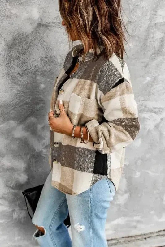 Plaid Color Block Button Down Jacket - StepByStep