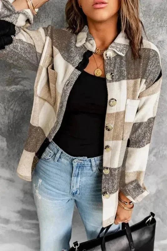 Plaid Color Block Button Down Jacket - StepByStep
