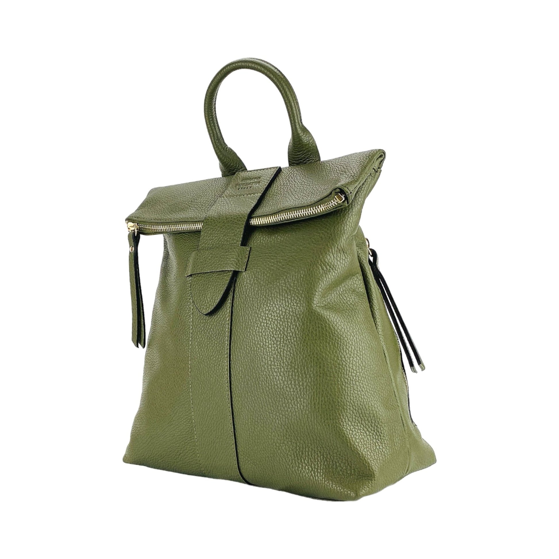 RB1021E | Zaino Donna Morbido in Vera Pelle Made in Italy con Spallacci regolabili. Chiusura lampo e Accessori in metallo Oro Lucido - Colore Verde - Dimensioni: cm 30 x 34 x 10,5 - StepByStep