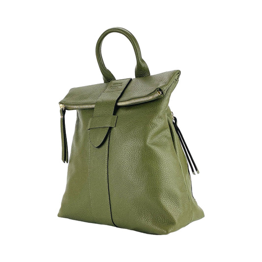 RB1021E | Zaino Donna Morbido in Vera Pelle Made in Italy con Spallacci regolabili. Chiusura lampo e Accessori in metallo Oro Lucido - Colore Verde - Dimensioni: cm 30 x 34 x 10,5 - StepByStep