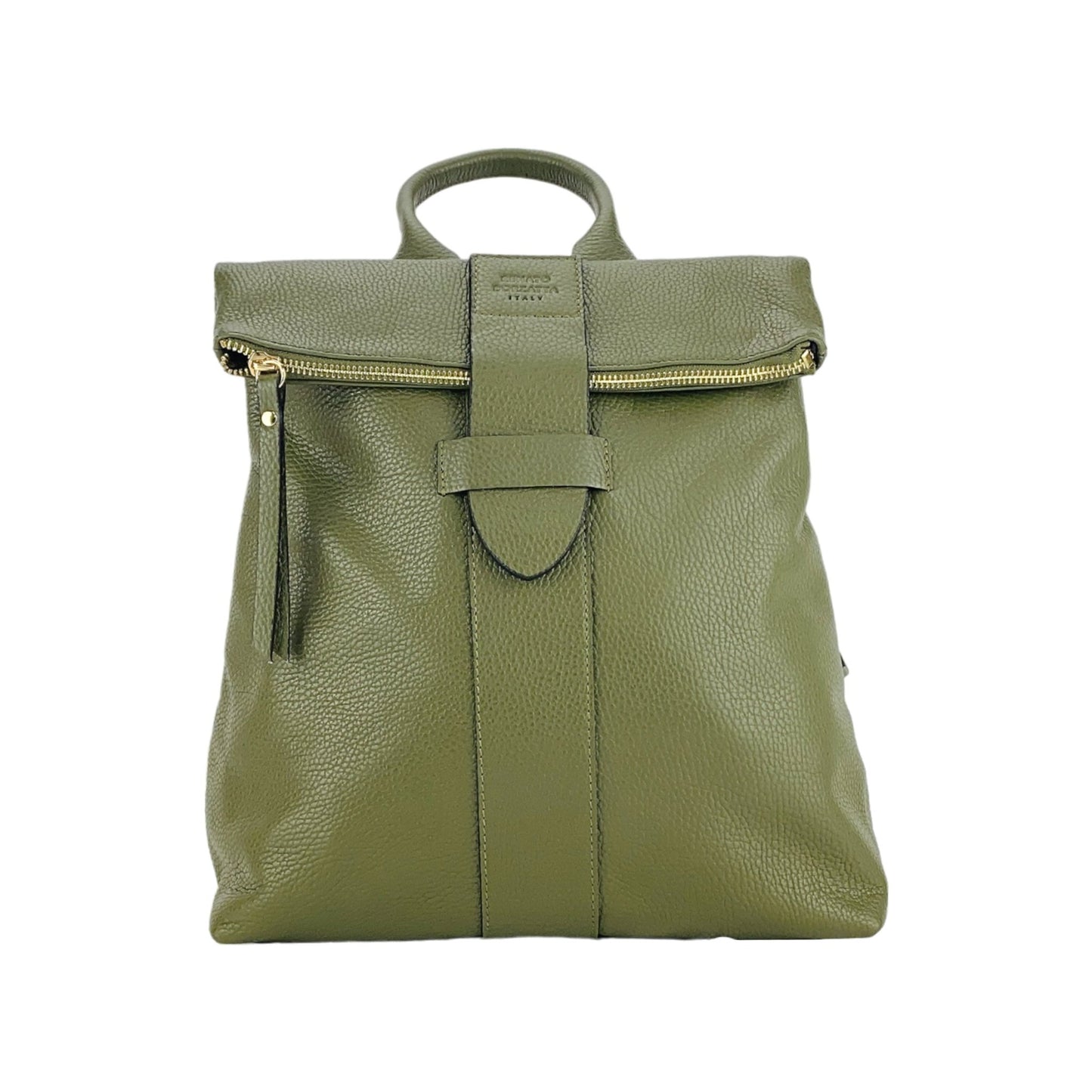 RB1021E | Zaino Donna Morbido in Vera Pelle Made in Italy con Spallacci regolabili. Chiusura lampo e Accessori in metallo Oro Lucido - Colore Verde - Dimensioni: cm 30 x 34 x 10,5 - StepByStep