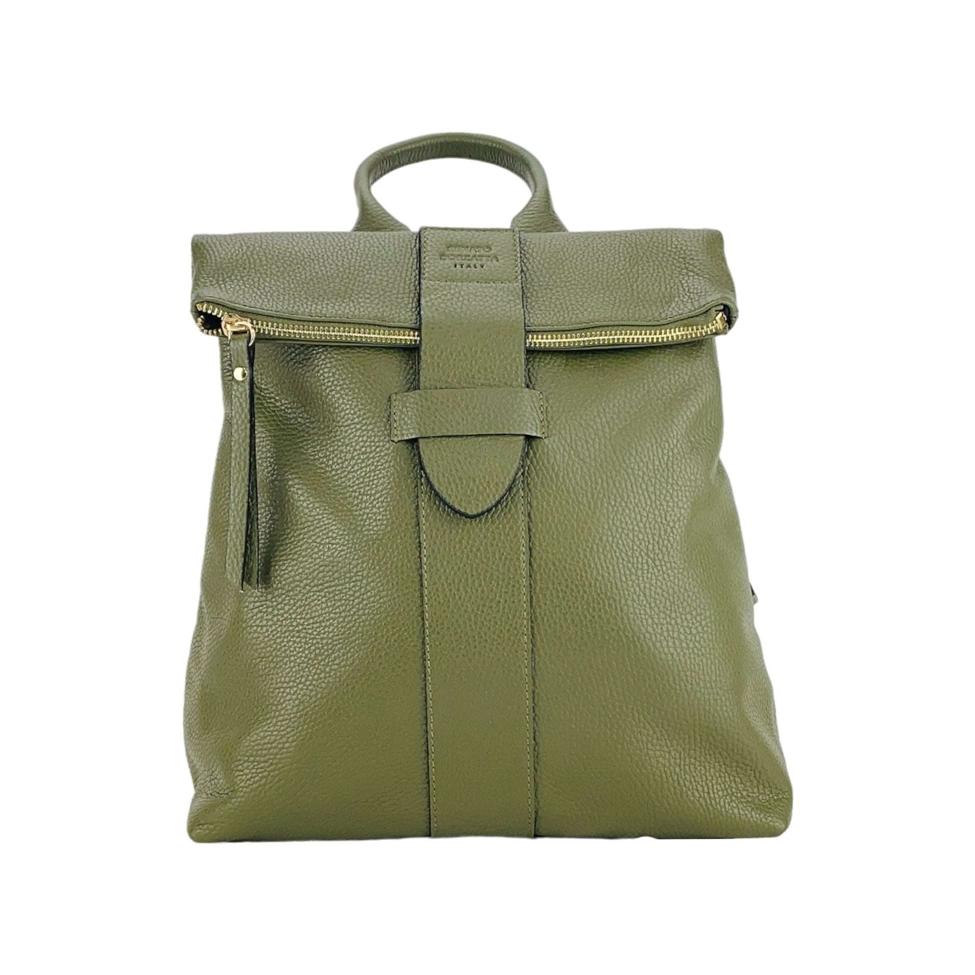 RB1021E | Zaino Donna Morbido in Vera Pelle Made in Italy con Spallacci regolabili. Chiusura lampo e Accessori in metallo Oro Lucido - Colore Verde - Dimensioni: cm 30 x 34 x 10,5 - StepByStep