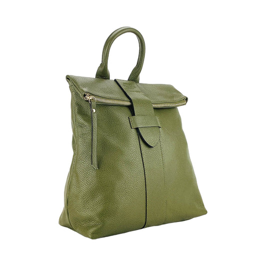 RB1021E | Zaino Donna Morbido in Vera Pelle Made in Italy con Spallacci regolabili. Chiusura lampo e Accessori in metallo Oro Lucido - Colore Verde - Dimensioni: cm 30 x 34 x 10,5 - StepByStep