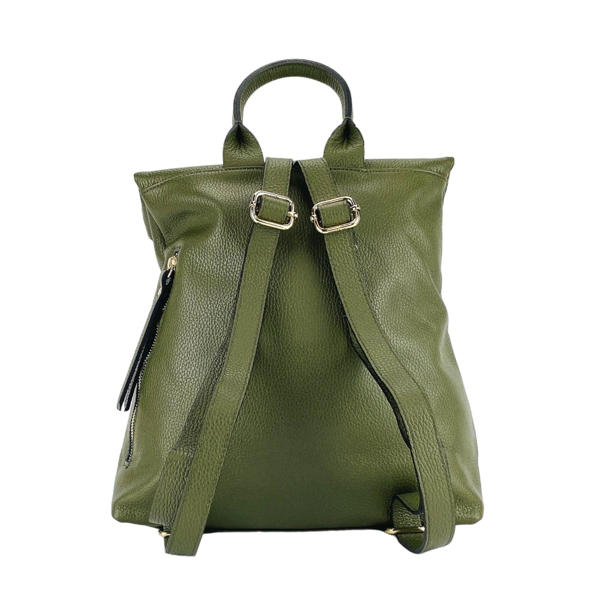 RB1021E | Zaino Donna Morbido in Vera Pelle Made in Italy con Spallacci regolabili. Chiusura lampo e Accessori in metallo Oro Lucido - Colore Verde - Dimensioni: cm 30 x 34 x 10,5 - StepByStep