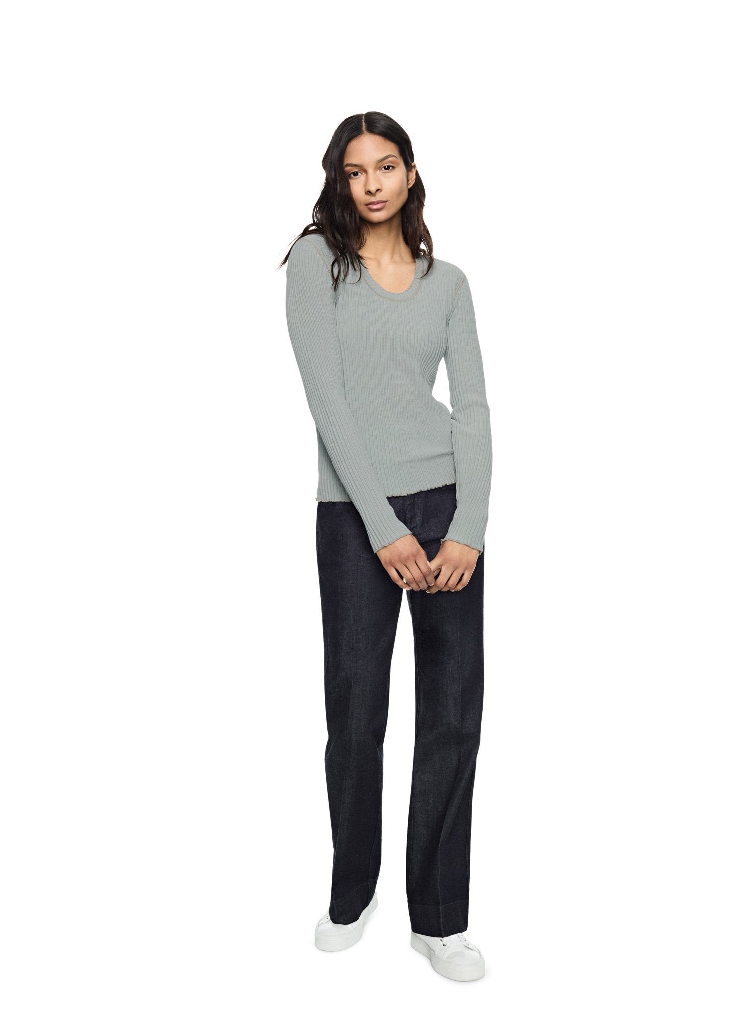 Ribbed Contrast - Stitch Crewneck Sweater (Misty Blue) - StepByStep