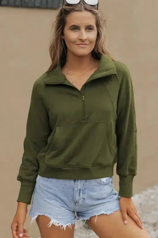 Ribbed Zip - Up Sweatshirt – Stand Collar & Thumbhole Sleeves - StepByStep
