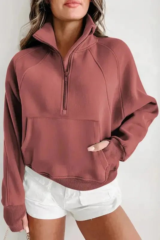 Ribbed Zip - Up Sweatshirt – Stand Collar & Thumbhole Sleeves - StepByStep