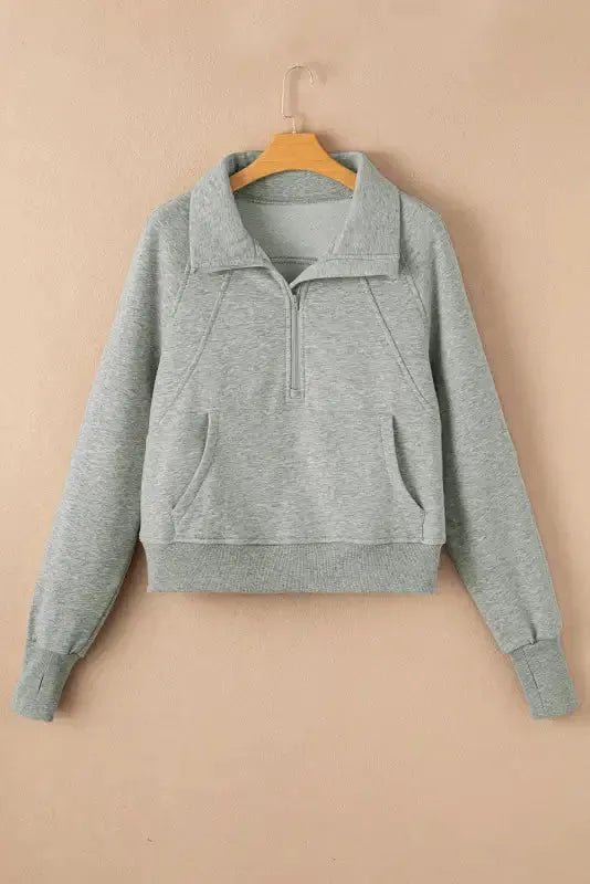 Ribbed Zip - Up Sweatshirt – Stand Collar & Thumbhole Sleeves - StepByStep