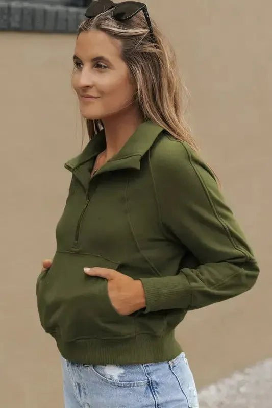 Ribbed Zip - Up Sweatshirt – Stand Collar & Thumbhole Sleeves - StepByStep