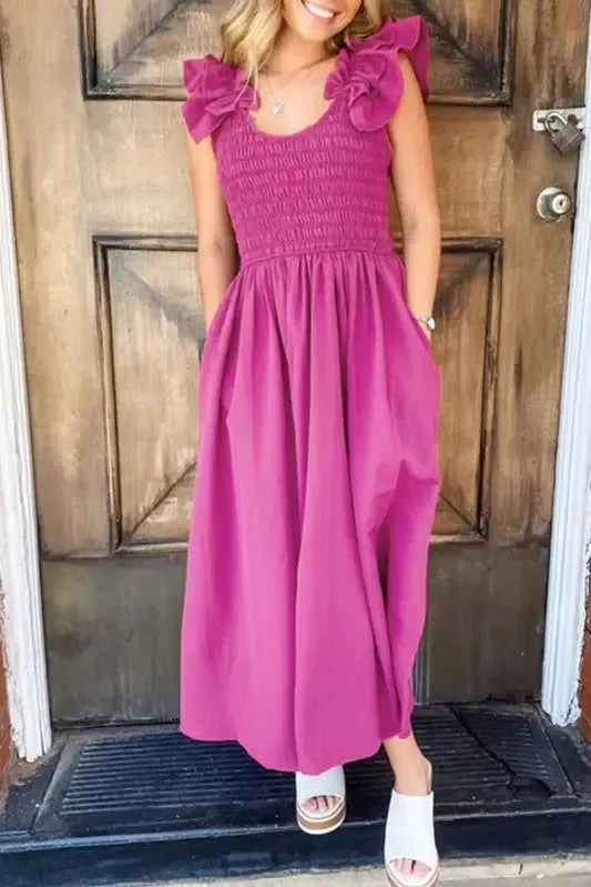 Rose Red Ruffled Straps Smocked Maxi Dress - StepByStep