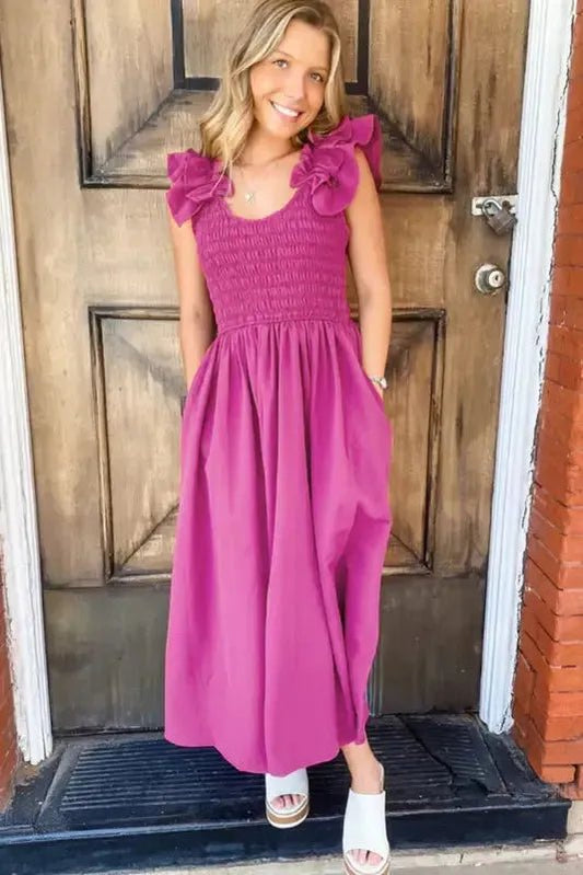 Rose Red Ruffled Straps Smocked Maxi Dress - StepByStep