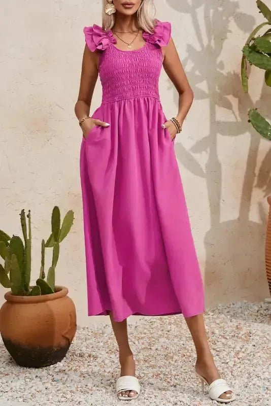 Rose Red Ruffled Straps Smocked Maxi Dress - StepByStep
