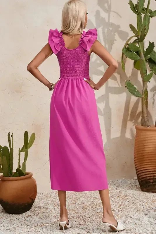 Rose Red Ruffled Straps Smocked Maxi Dress - StepByStep