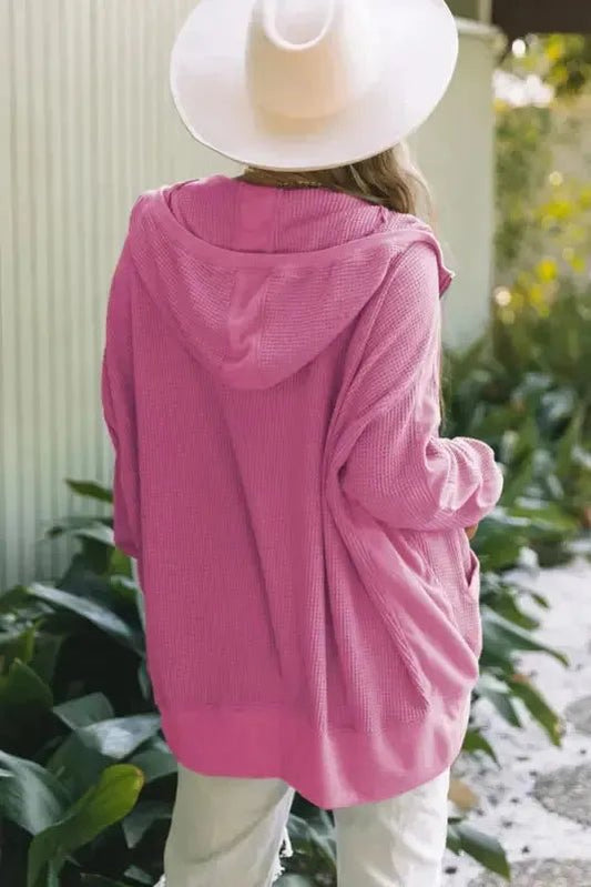 Rose Thermal Waffle Knit Full Zipper Hooded Jacket - StepByStep