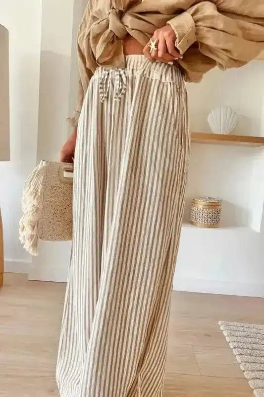 Safari Chic: Khaki Stripe Drawstring Trousers - StepByStep